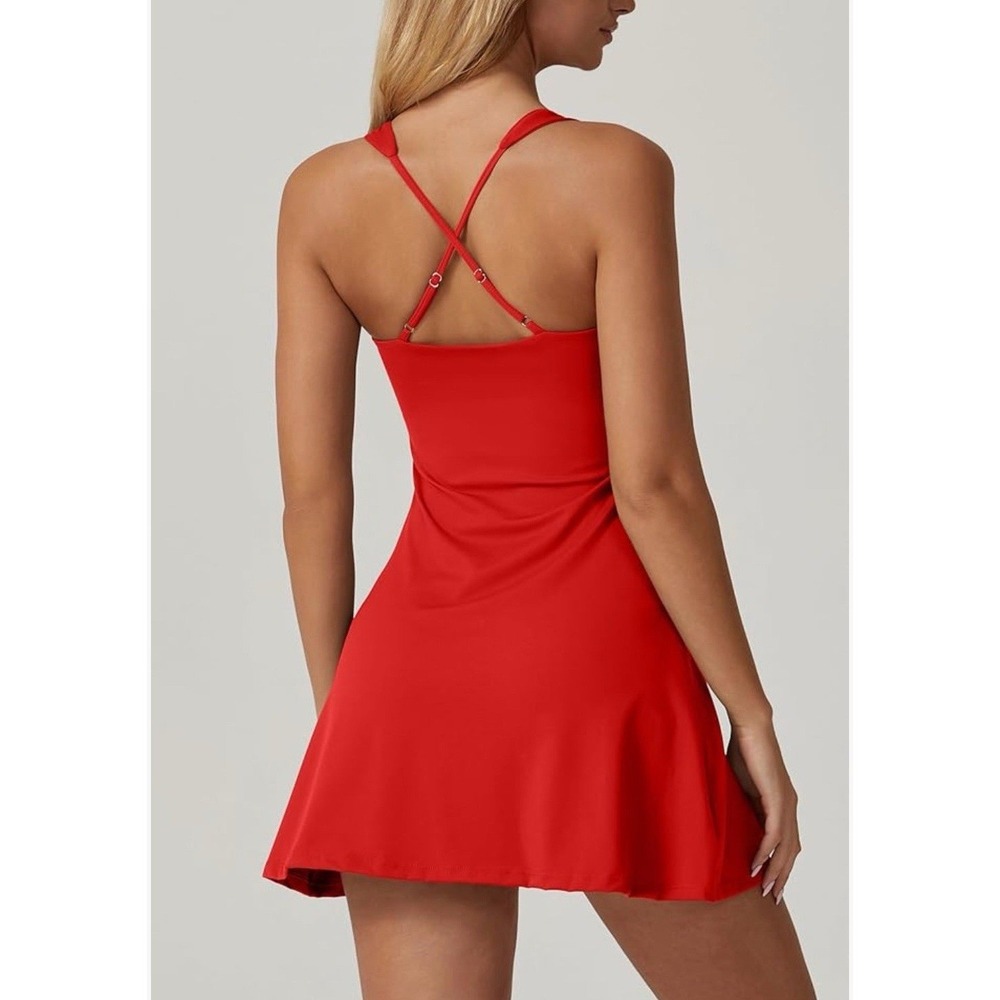 QINSEN Womens Red Tennis Dress Built in Shorts Pockets Square Neck Mini SZ Small - Picture 2 of 10